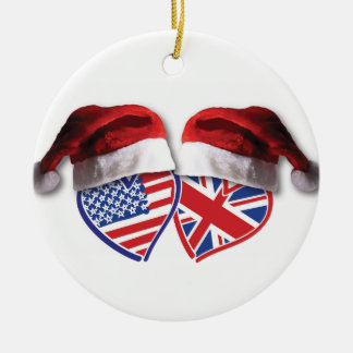 USA and UK Flag Hearts with Santa Hats Ceramic Tree Decoration
