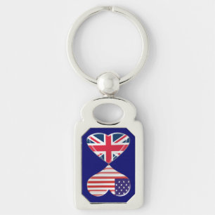 USA and UK Heart Flags Twisted Metal Key Chain