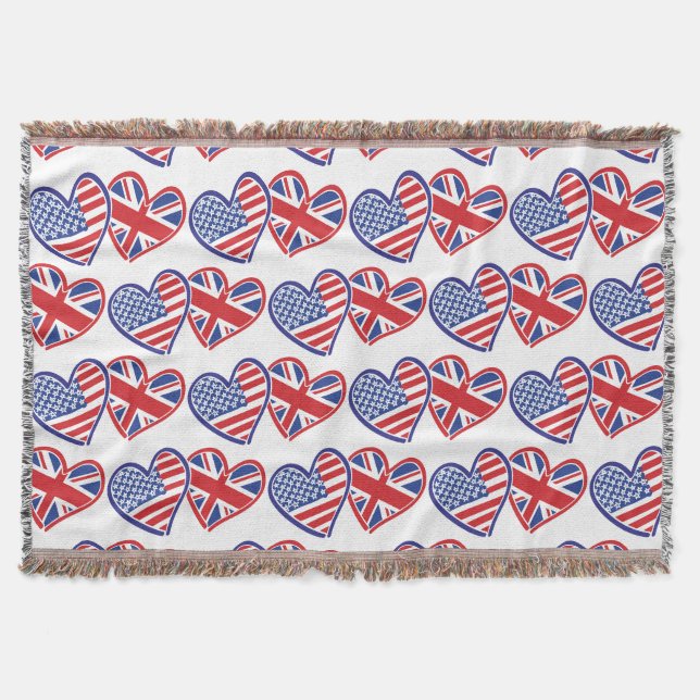 USA and UK Hearts made of Flags Throw Blanket (Front)