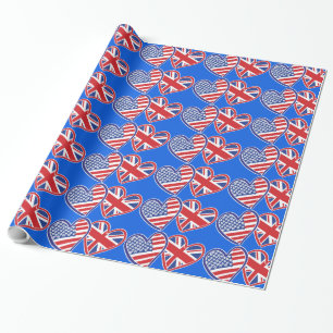 USA and UK Patriotic Flag Hearts Wrapping Paper