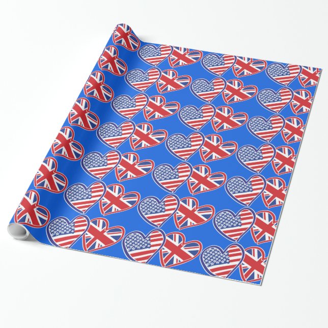 USA and UK Patriotic Flag Hearts Wrapping Paper (Unrolled)