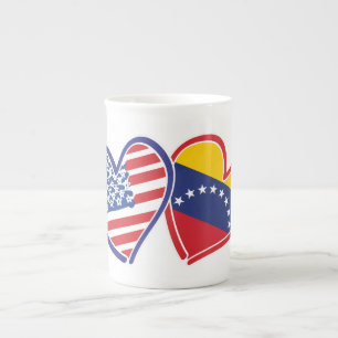 USA and Venezuela Flag Hearts Bone China Mug