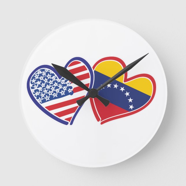 USA and Venezuela Flag Hearts Round Clock (Front)