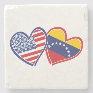 USA and Venezuela Flag Hearts Stone Coaster