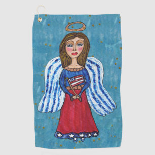 USA Angel Blue Eyes American Flag Gold Stars Golf Towel