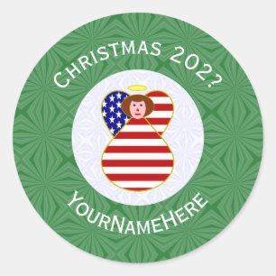 USA Angel Red Hair Christmas Flag Personalised Classic Round Sticker
