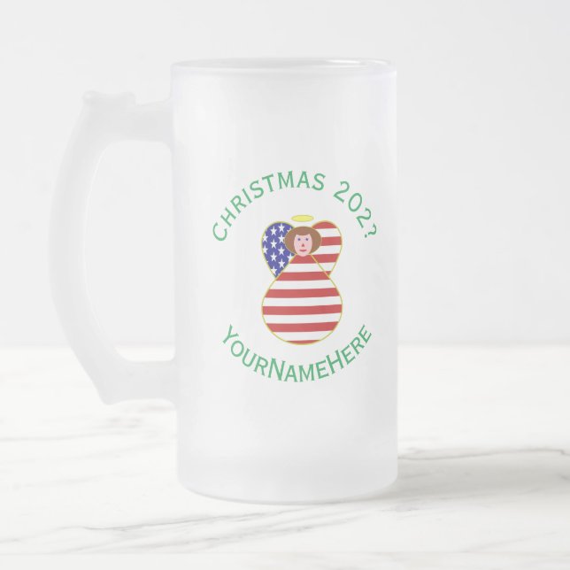 USA Angel Red Hair Christmas Flag Personalised  Frosted Glass Beer Mug (Left)