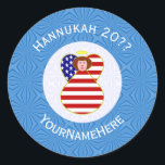 USA Angel Red Hair Hanukkah Flag Personalised  Classic Round Sticker<br><div class="desc">Round sticker shows a red haired angel wearing the flag of the United States of America on this sticker for holiday gift decorating or Hanukkah decor. The USA Flag angel is found inside a white, fractal circle of squiggly squares. The background is a blue fractal of squiggly squares. Add your...</div>