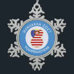 USA Angel Red Hair Hanukkah Flag Personalised  Snowflake Pewter Christmas Ornament<br><div class="desc">A red haired angel, dressed in the flag of the United States of America, is featured on this snowflake pewter ornament for Hanukkah decor or holiday decorating. The USA Flag angel with red hair is found in a circle of white squiggly squares. The background is blue squiggly squares. Add your...</div>