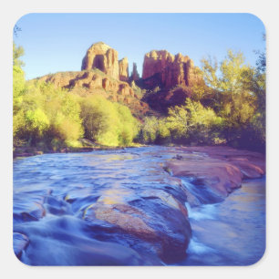 USA, Arizona, Sedona. Cathedral Rock reflecting 2 Square Sticker