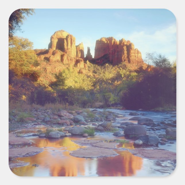 USA, Arizona, Sedona. Cathedral Rock reflecting Square Sticker (Front)