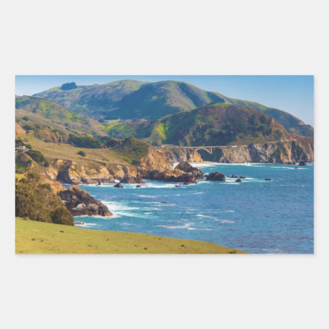 USA, California. Panorama Of Big Sur With Bixby Rectangular Sticker (Front)