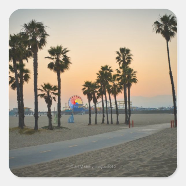 USA, California, Santa Monica Pier at sunset Square Sticker (Front)