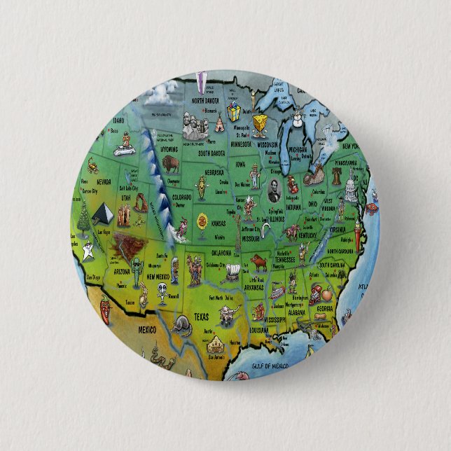 USA Cartoon Map 6 Cm Round Badge (Front)