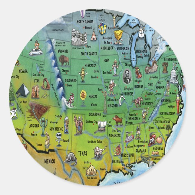 USA Cartoon Map Classic Round Sticker (Front)