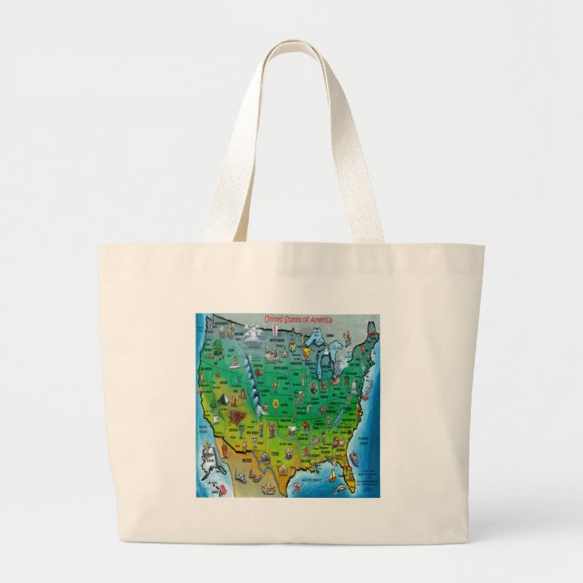 USA Cartoon Map Large Tote Bag (Front)