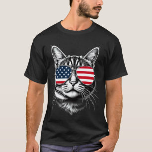 USA Cat Face Sunglasses American Flag T-Shirt