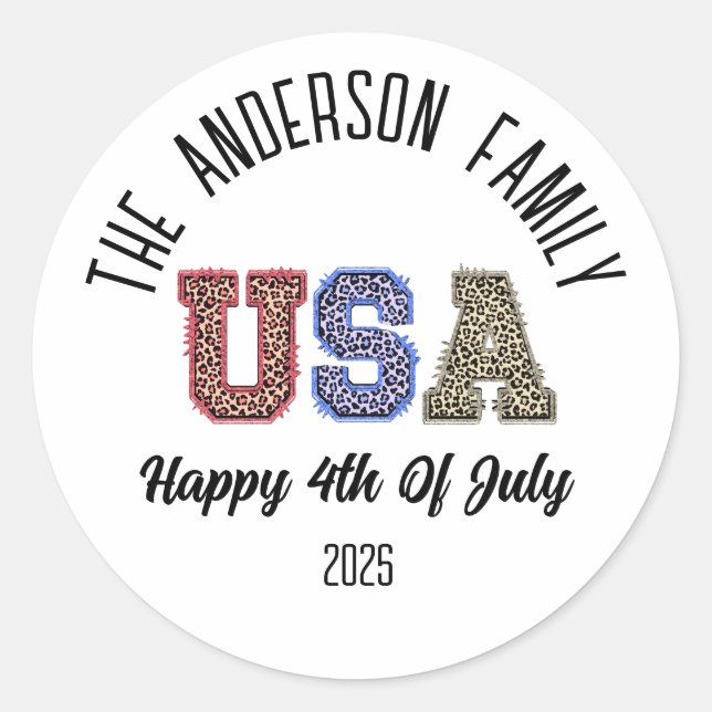 USA Cheetah Print Personalised Reunion Name Classic Round Sticker (Front)