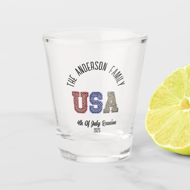 USA Cheetah Print Personalised Reunion Name Shot Glass (Front)