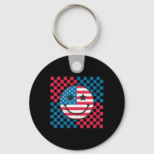 Usa Chequerboard 4th Of July Happy Face American Key Ring