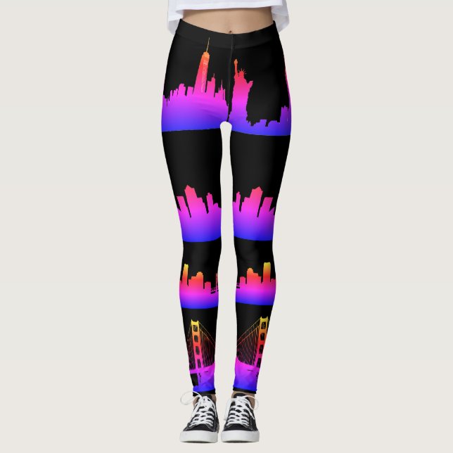 USA City Skylines Neon Nightlife Leggings (Front)