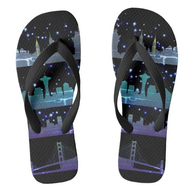 USA City Skylines Silver Nightlife with Stars Flip Flops (Footbed)