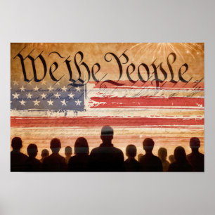 USA Constitution With Flag and Fireworks Poster