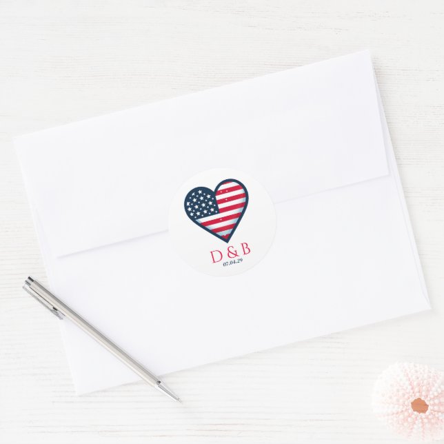 USA Couple Heart Wedding Classic Round Sticker (Envelope)