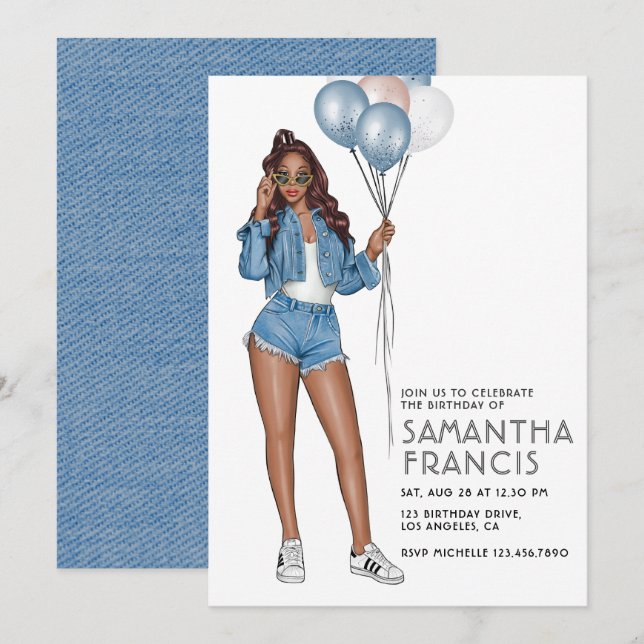 USA Denim themed Girl Birthday Party Invitation (Front/Back)