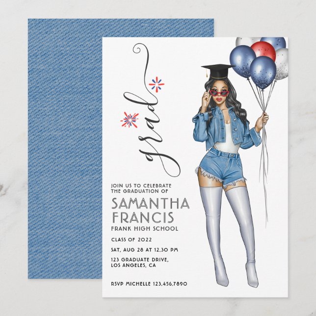 USA Denim themed Girl Graduation Party Invitation (Front/Back)