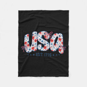 USA Est 1776 Coquette Bow 4th of July USA Floral Fleece Blanket