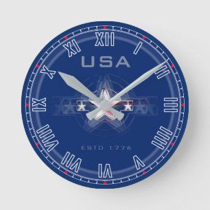 USA Estd. 1776 Roman Nos. (Blue) Round Clock