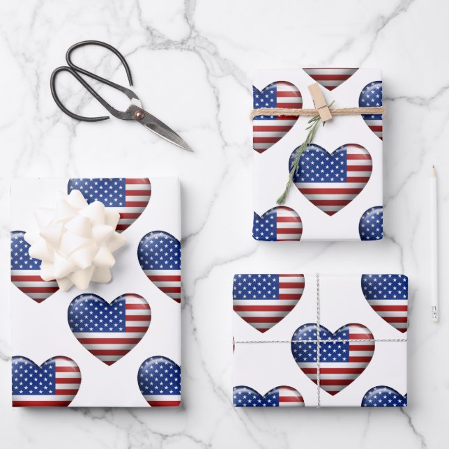 USA Flag | 3D Heart Icon Wrapping Paper Sheet (Front)