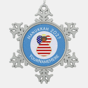 USA Flag African American Hanukkah Angel Name Year Snowflake Pewter Christmas Ornament