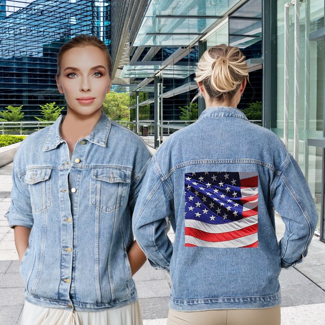 USA  Flag America Red White Blue Patriotic Womens Denim Jacket (USA Flag America Red White Blue Patriotic Women's Denim Jacket)
