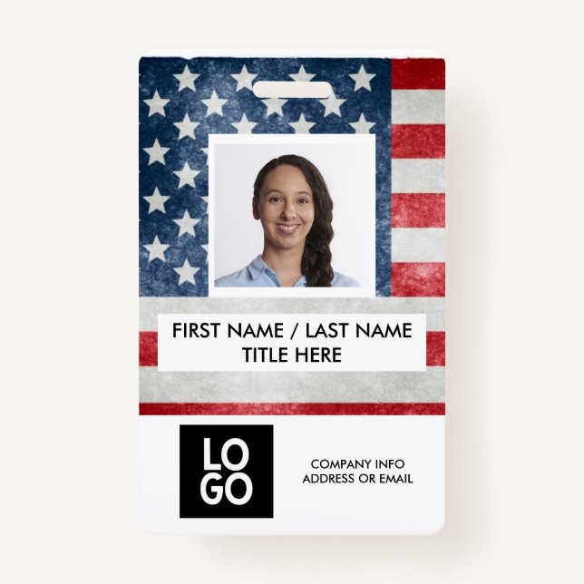 USA Flag American Custom Employee Photo Name ID Badge (Front)
