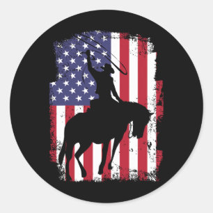 Usa Flag American Pride Texas Horseback Riding Cow Classic Round Sticker