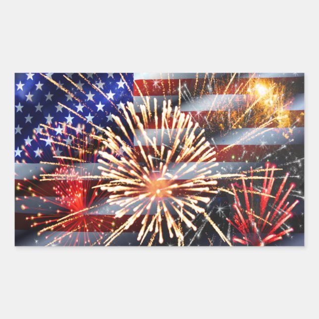 USA Flag and Fireworks Rectangular Sticker (Front)