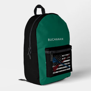 USA Flag and Lacrosse Bats Green Black Personalise Printed Backpack