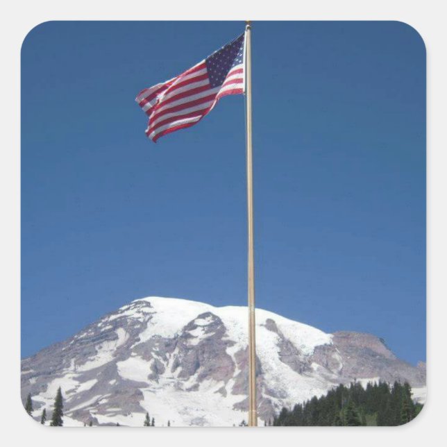 USA Flag and Majestic Mt. Rainier Square Sticker (Front)