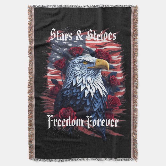 USA Flag Bald Eagle & Roses Stars & Stripes  Throw Blanket (Front Vertical)