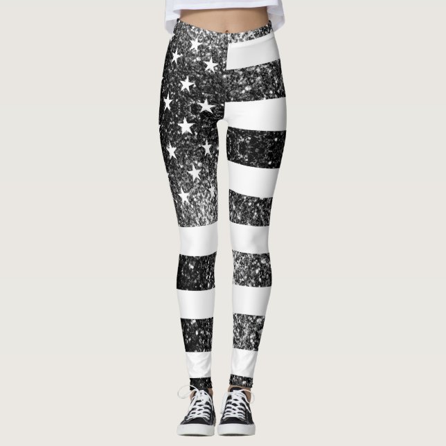 USA flag black and white sparkles glitters Leggings (Front)