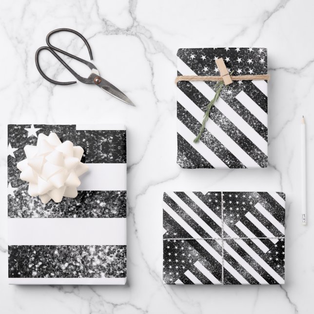 USA flag black and white sparkles glitters pattern Wrapping Paper Sheet (Front)