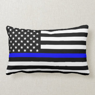 USA Flag Black and White Thin Blue Line Decor Lumbar Cushion