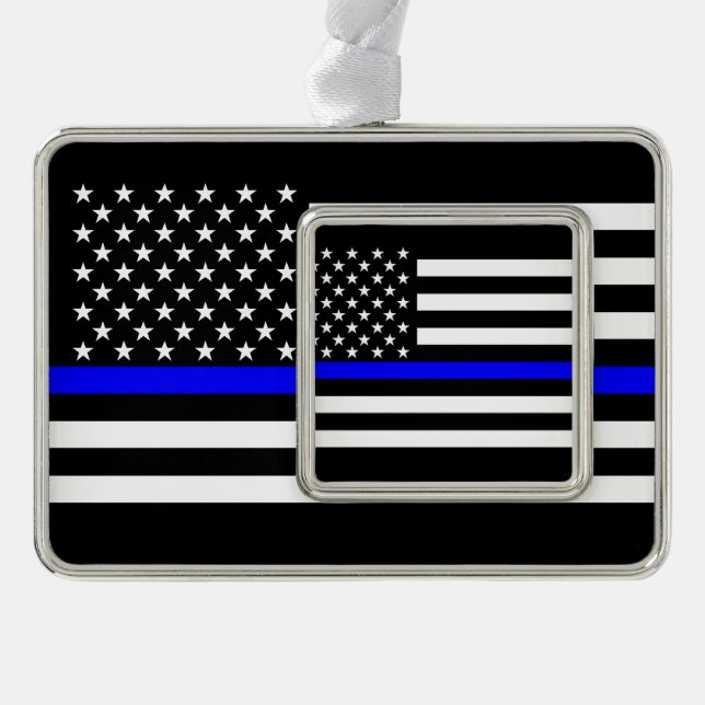 USA Flag Black and White Thin Blue Line Silver Plated Framed Ornament (Front)