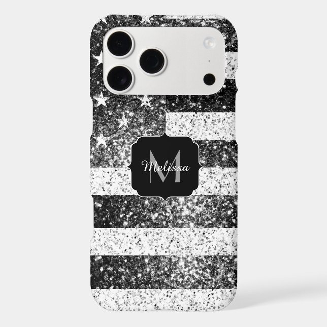 USA flag black white silver sparkles Monogram (Back)
