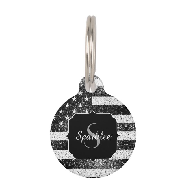 USA flag black white sparkles Monogram Pet Tag (Front)