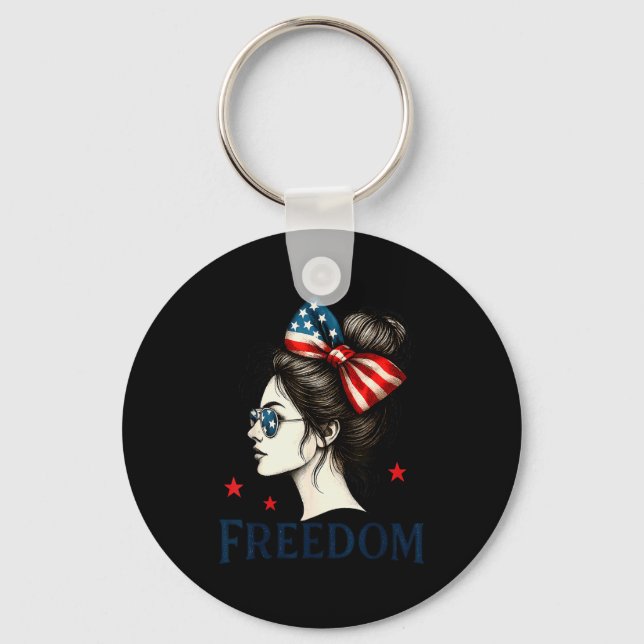 Usa Flag Bow Messy Bun Girls Dom American Flag Pat Key Ring (Front)