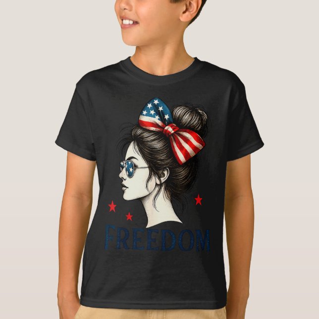 Usa Flag Bow Messy Bun Girls Dom American Flag Pat T-Shirt (Front)