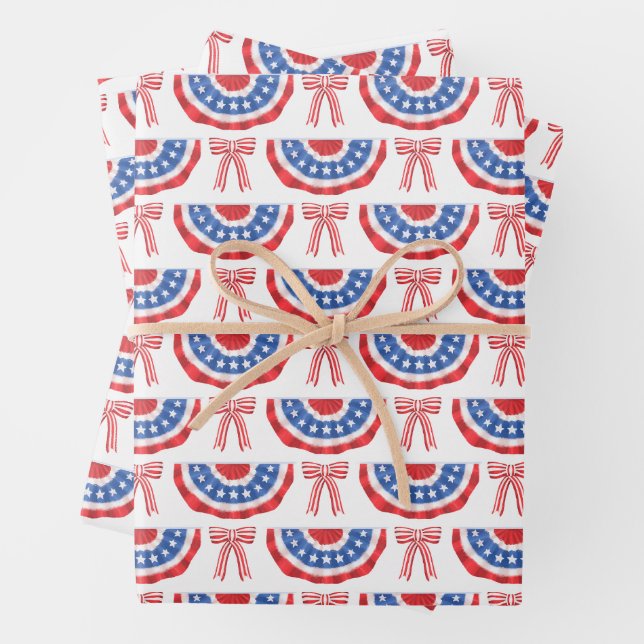 USA Flag Bunting and Bows American Summer Wrapping Paper Sheet (In situ)